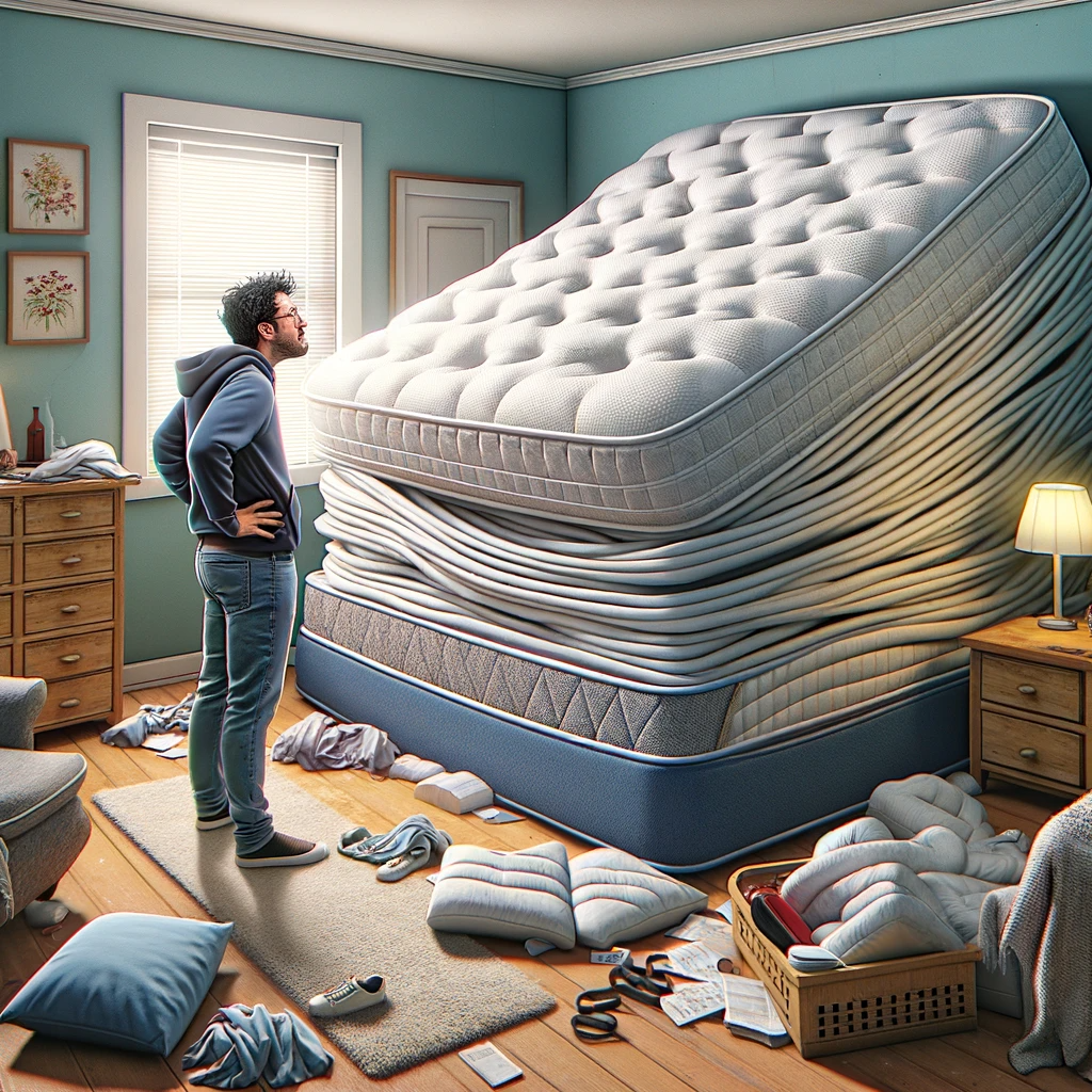 DALL·E 2023-11-23 17.28.24 - A humorous scene depicting a shopping failure involving a mattress. The image shows a person standing in a small, cluttered bedroom, looking bewildere